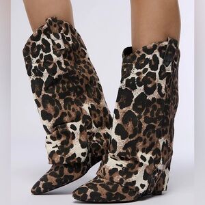 AZALEA WANG Animal Print Leopard Western Wedge Boots